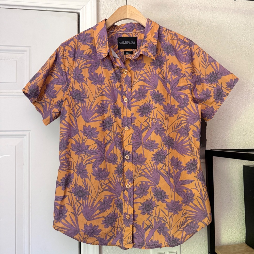 WILDFANG orange purple floral tropical short sleeve button up cotton shirt